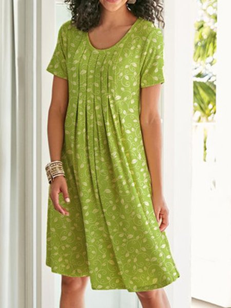 

Cotton Blends Crew Neck Loosen Dresses, Light_green, Floral Dresses