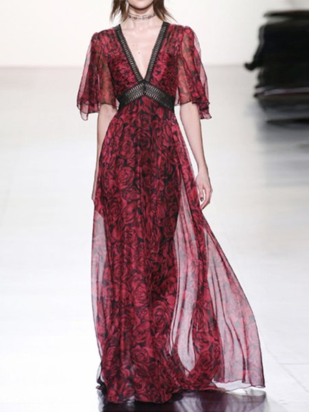 

Dress rose flower lace stitching long dress, Black-red, Formal Dresses