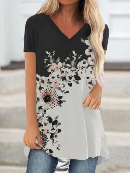 

V Neck Color Block Floral Loosen Shirts & Tops, Black, Tops