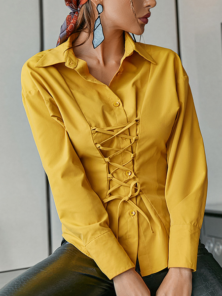

Plain Elegant Shirt Collar Work Shirt, Yellow, Blouses and Shirts