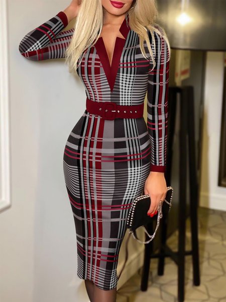 

Work Long Sleeve Skinny Grid Midi Dress, Red, Midi Dresses