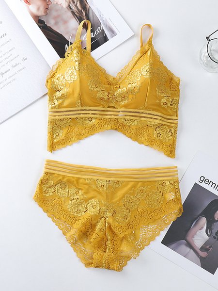 

No Rims Breasted Comfortable Gathering Sexy Lace Bra And Panty Set, Yellow, Bra&Bra Sets