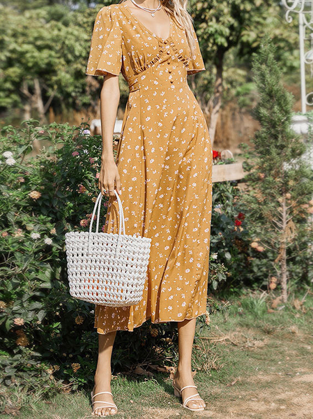 

Pastoral Vacation V Neck Loosen Dresses, Yellow, Floral Dresses