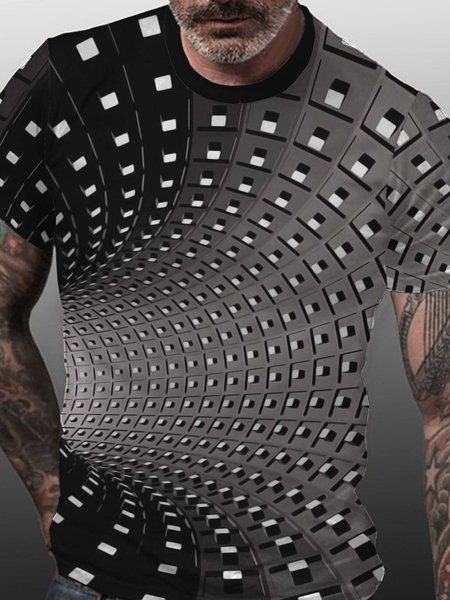 

3D Print Graphic Optical Illusion Crew Neck Short Sleeve Shirts & Tops, Black, T-shirts