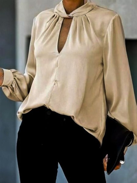 

Plain Long Sleeve Halter Plus Size Casual Women Tops, Light khaki, Tops