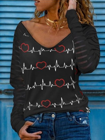 

Geometric See-Through Look Heart V Neck Shirts & Tops, Black, Tops
