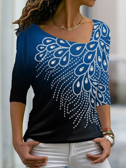 

Casual Ombre Asymmetrical Neck Shirts & Tops, Blue, Tees & T-shirts
