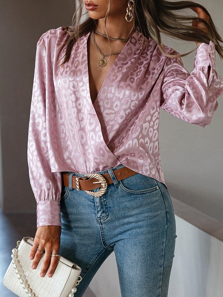 

Cross Front Elegant Leopard Long sleeve Shirt, Light pink, Blouses and Shirts