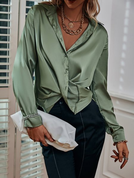 

Plain Shirt Collar Regular Fit Shirt, Sage green, Tops