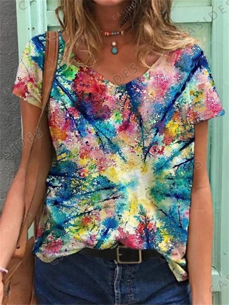 

Cotton blends V Neck Loosen Casual Shirts & Tops, Blue, Tops
