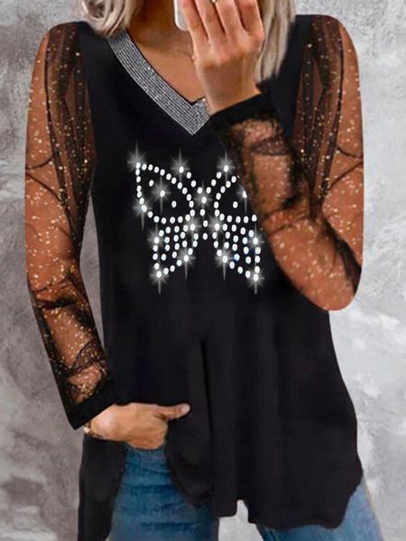 

Plus Size Butterfly V Neck Loosen Shirts & Tops, Black, Tops
