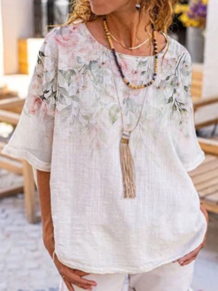 

Crew Neck Vacation Floral Half Sleeve Shirts & Tops, White, Blouses & Shirts