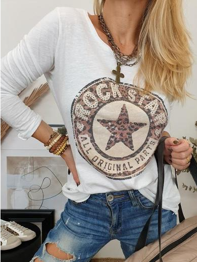

Round Neck Casual Letter Regular Fit Geometric Shirts & Tops, White, Tops