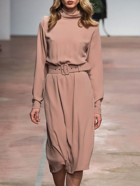 

Elegant High Neck Solid Long Sleeve Dress, Nude, Midi Dresses