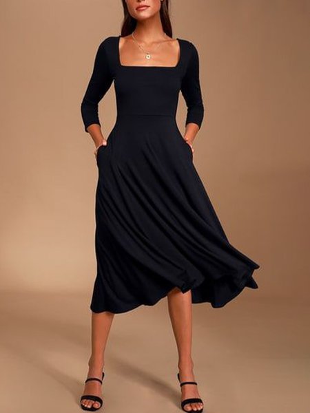 

Regular Fit Elegant Plain Midi Dress, Black, Midi Dresses
