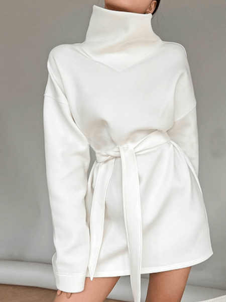 

Spring Slightly stretchy High Neck Loosen Daily Household Dresses, White, Mini Dresses