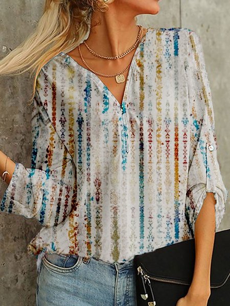 

Striped Printed V-neck Long Sleeve Casual Blouse Tops, Multicolor, Blouses & Shirts