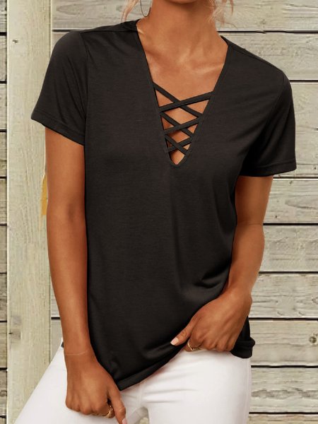 

Cotton Blends Cross Solid V Neck Casual Loosen Short Sleeve T-shirt, Black, T-Shirts