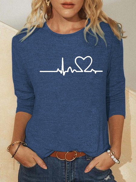 Heart beat round neck long sleeve shirt, Blue, Hoodies&Sweatshirts