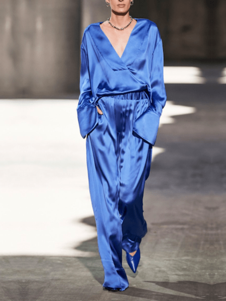 

Spring V neck Loosen Casual Top With Pants Daily Household Top With Pants Suits, Blue, Set