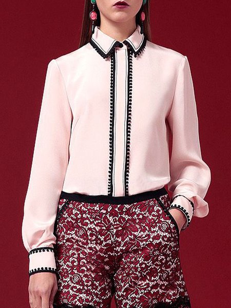 

Elegant Shirt Collar Regular Fit Daily Top, Pink, Blouses and Shirts