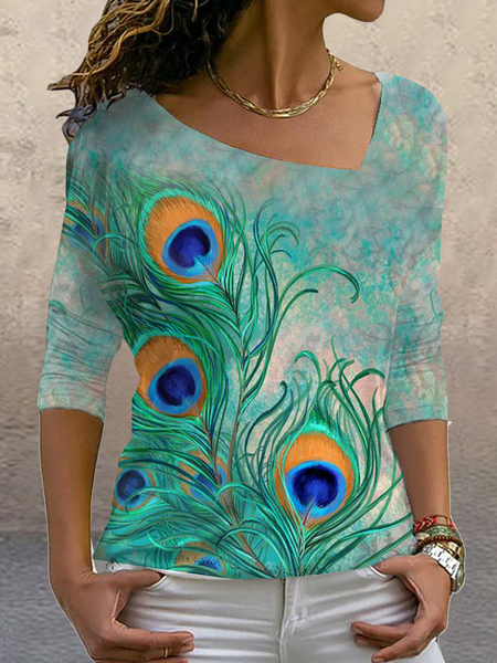 

Geometric gradient peacock feather asymmetric collar Top Long Sleeve T-Shirt Plus Size, Blue, Tops