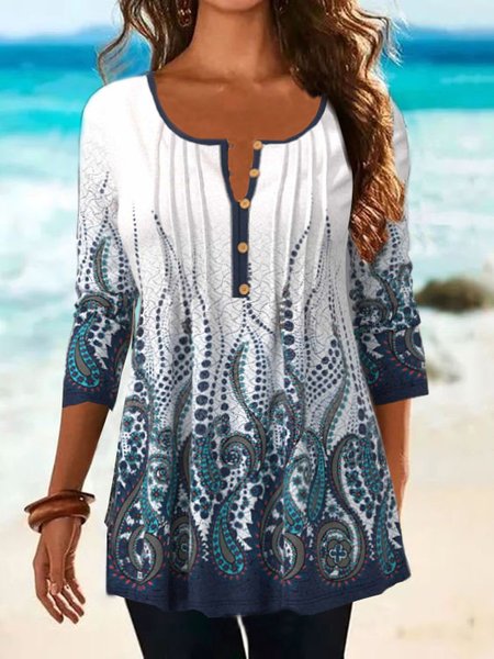 

Paisley Casual V Neck Vacation Tops, White, Blouses & Shirts
