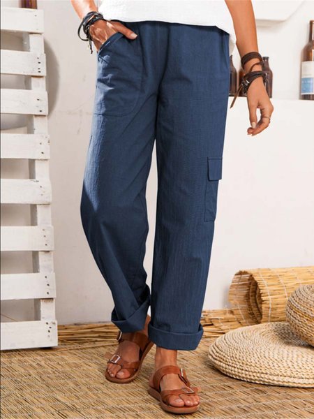 

Casual Loosen Elastic Waist Solid Color Pocket Pants, Navy blue, Pants