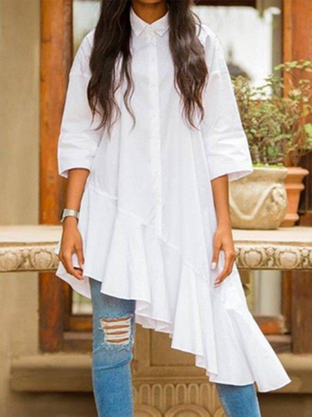 

Shirt Collar Three Quarter Solid Flounce Dress, White, Midi Dresses
