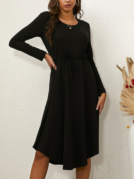 

Solid Crew Neck Loosen Dresses, Black, Midi Dresses