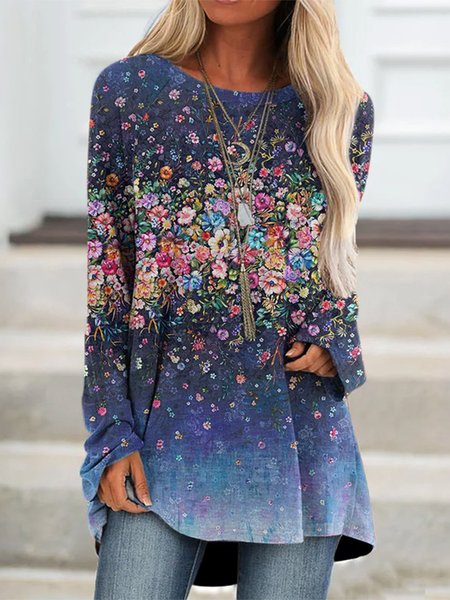 

Vacation Floral Crew Neck Shirts & Tops, Blue, Tunics
