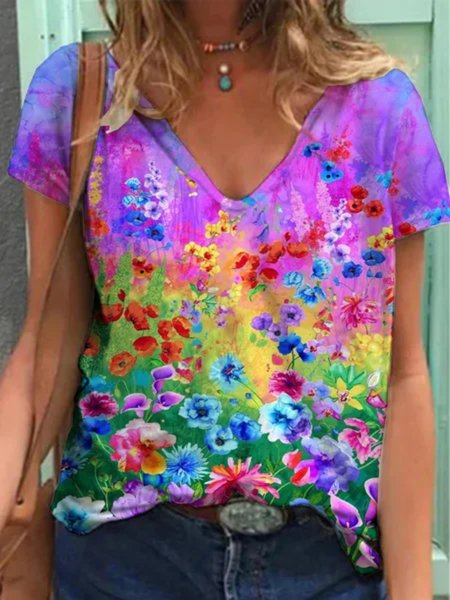 

Casuale Floreale Maniche Corte Scollo a V taglia grande Top T-shirts, Multicolore, T-shirts