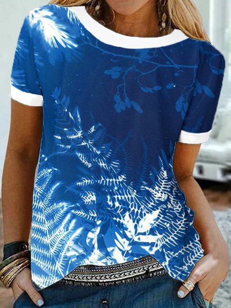 

Cotton Blends Crew Neck Casual Shirts & Tops, Blue, Tops