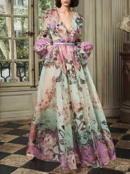 

Elegant Floral Regular Fit Long Sleeve Maxi Dress, As picture, Maxi Dresses