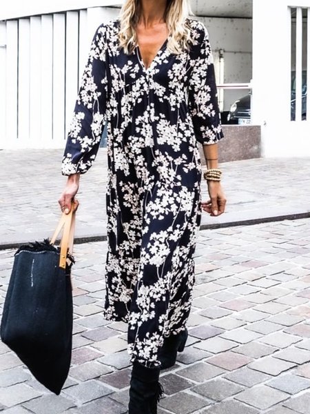 

V Neck Vacation Floral Loosen Dresses, Black, Maxi Dresses
