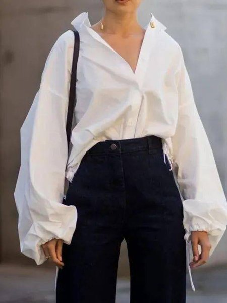 

Solid Off Shoulder Regular Fit Shirt Collar Shirt, White, Blouses and Shirts