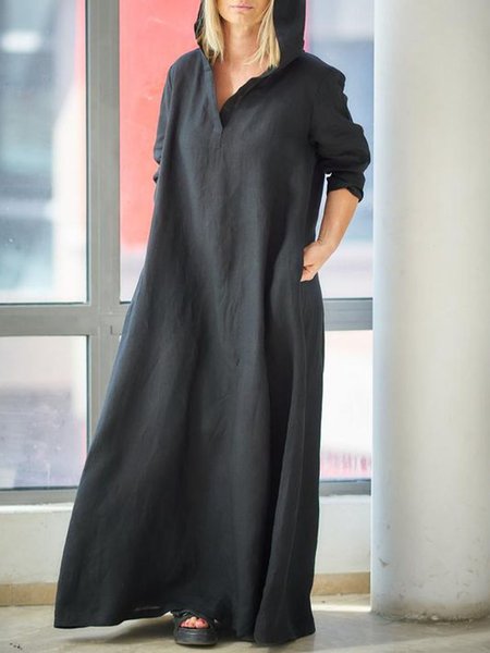 

Hooded Casual Plain Loosen Maxi Dress, Black, Maxi Dresses