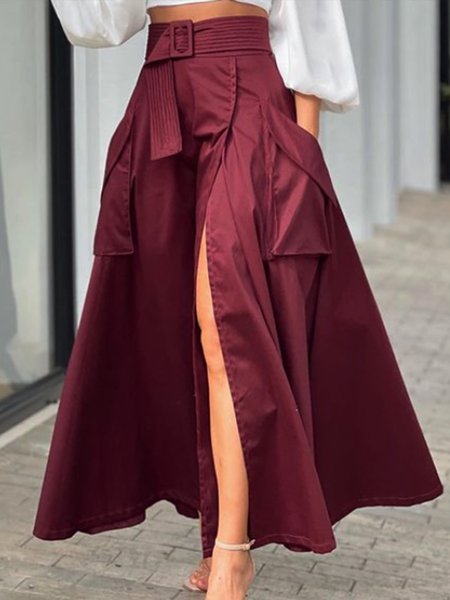 

Solid Elegant Maxi Skirts, Wine red, Maxi Skirts
