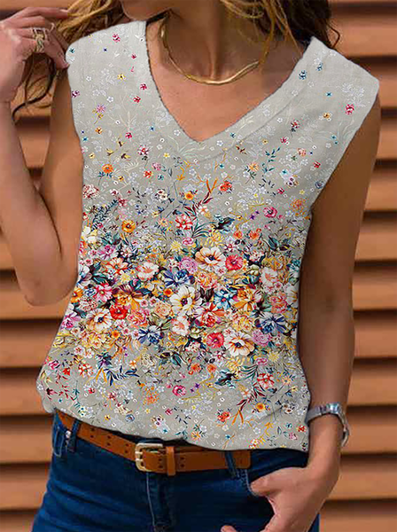 

Floral Printed Sleeveless Casual V Neck Vests, Multicolor, Tank Top