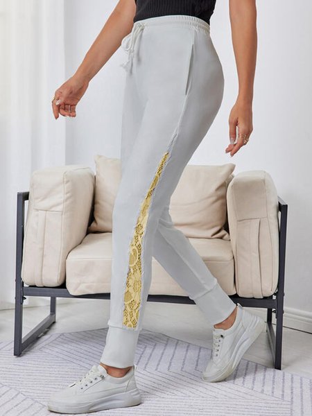

Plain Lace Patchwork Pockets Plus Size Casual Women Pants, Gray, Leggings