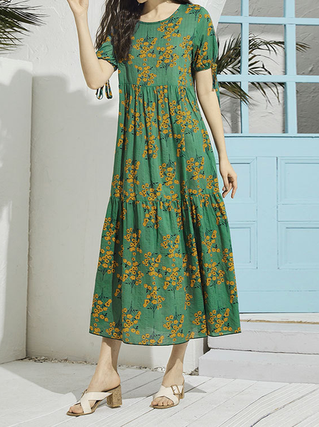 

Floral Crew Neck Lady Dresses, Green, Floral Dresses