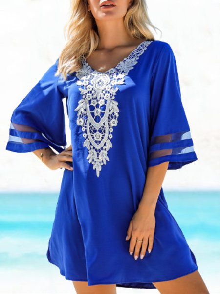

Casual Three Quarter V Neck Plus Size Dress, Blue, Mini Dresses