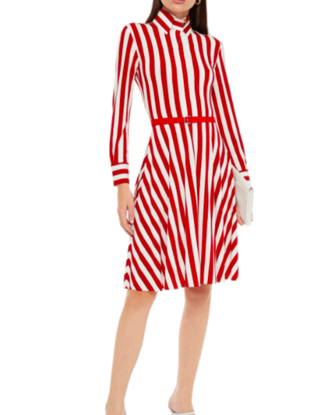 

Spring A-line Striped Loosen Shirt Collar Work Formal Date Dresses, Stripe, Midi Dresses