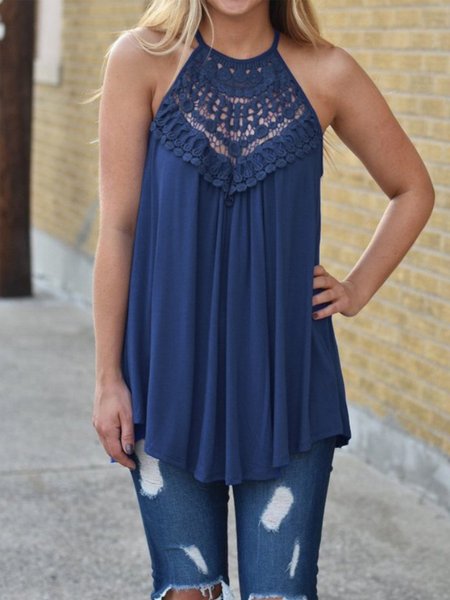 

Cotton blend lace stitching halterneck Button casual Tanks & Camis, Navyblue, Tank Top