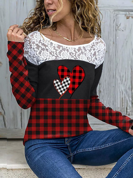 

Geometric Regular Fit Round Neck Heart Shirts & Tops, Red, Tops
