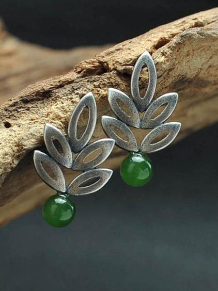 

Vintage Leaf Jade Alloy Stud Earrings, As picture, Earrings