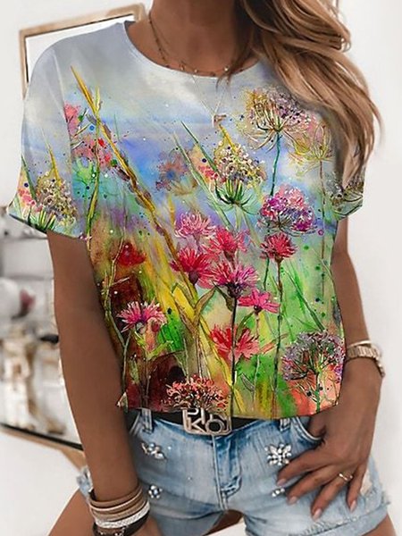 

Short sleeve round neck geometric plant flower print top T-shirt Plus Size, Multicolor, T-Shirts