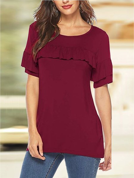 

Crew Neck Solid Ruffled Short Sleeves Tops, Wine red, Tops