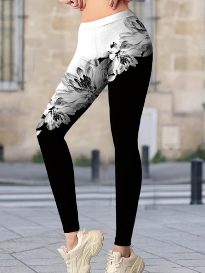 

Floral Printed Elastic Waist Skinny High Waist Long Pants, Black-white, Leggings