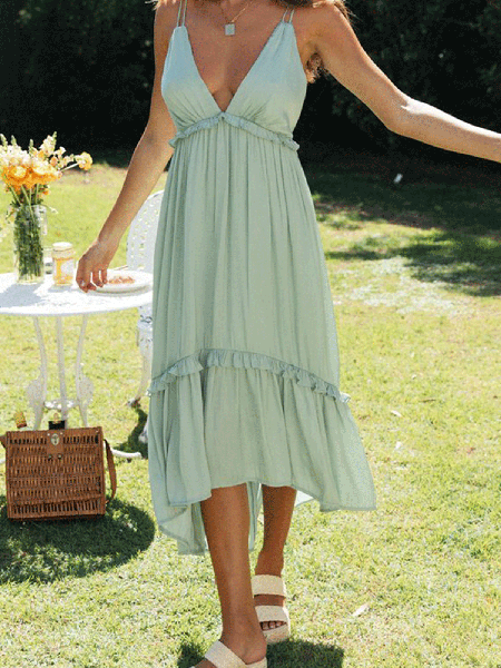 

New chiffon V-neck sling halter lace-up long dress with lotus leaf hem, Green, Midi Dresses